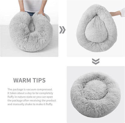 Anti-Anxiety Donut Cat & Dog Bed - Round, Cozy, Plush, Machine Washable, 20X20Inch Grey