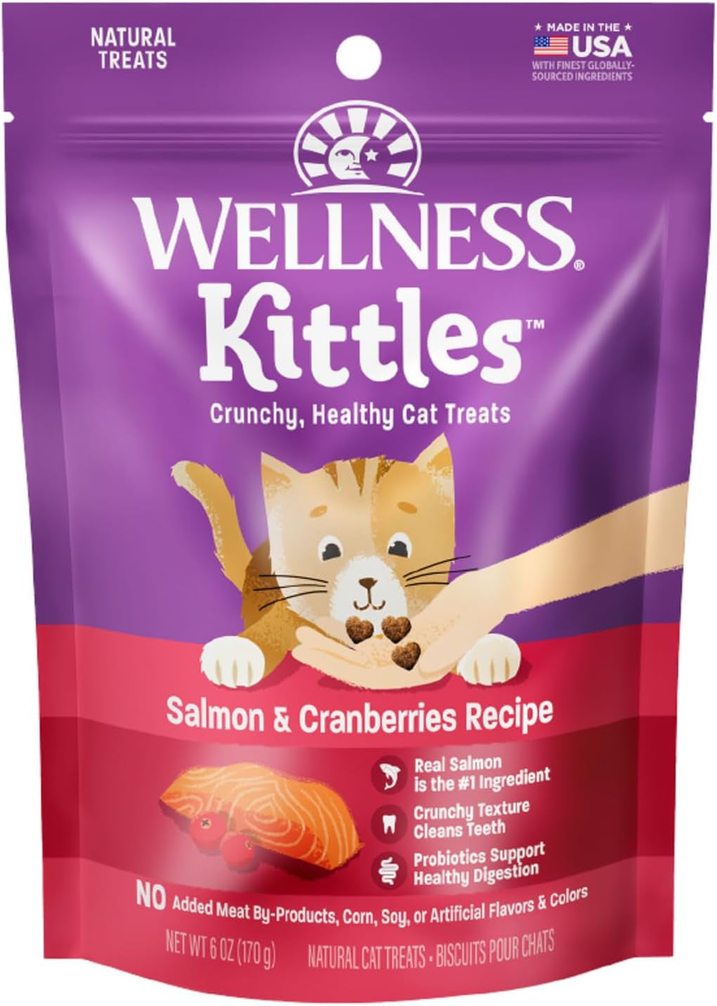 Kittles Crunchy Cat Treats, All Lifestages, Kitten to Senior, Natural, Grain Free, Salmon and Cranberry Flavor, 6 Oz Bag