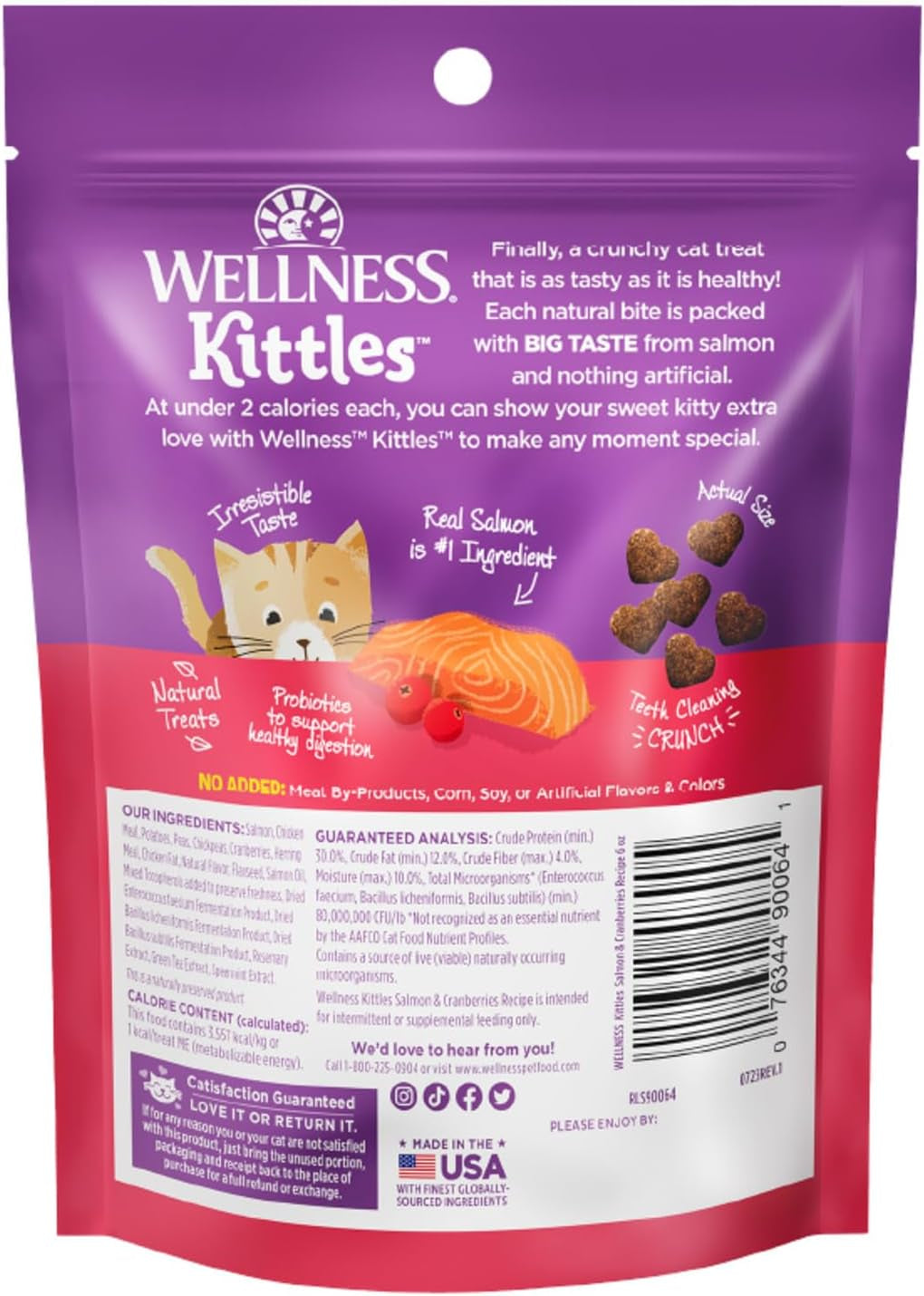 Kittles Crunchy Cat Treats, All Lifestages, Kitten to Senior, Natural, Grain Free, Salmon and Cranberry Flavor, 6 Oz Bag