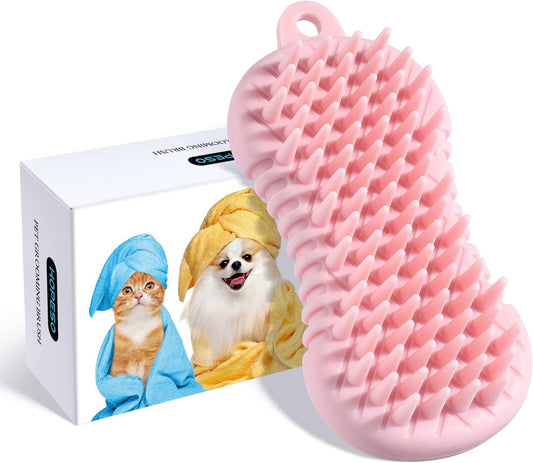 Pet Grooming Shampoo Brush, 2021 Newest Silicone Bath Brush Soothing Massage Bristles for Dogs and Cats with Long Short Hair Washing, Gently Removes Loose & Shed Fur (5 Inch, Pink)